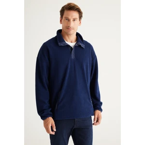 Altınyıldız Classics Erkek Lacivert Loose Fit Dik Bato Yaka Jakarlı Yumuşak Tuşeli Polar Sweatshirt
