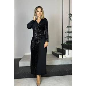 Ges Moda G0735 V Yaka Payet Detaylı Abiye Elbise Siyah