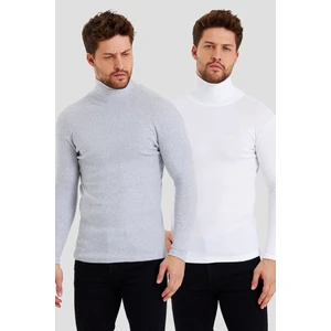 2'li Paket Gri - Beyaz Balıkçı Yaka Erkek Triko Boğazlı Kazak