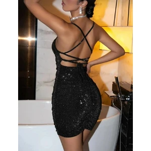 Li In Style Siyahüzeri Gümüş Simli Sırt Kısmı Çapraz Bağlamalı Elbise