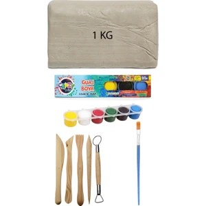Beyaz Seramik Hamuru 1 kg Kil Ebeşuar Seti 6X15 ml Guaj Boya Seti Düz Fırça Seramik Kili Oyun Hamuru