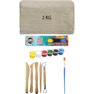 Beyaz Seramik Hamuru 2 kg Kil Ebeşuar Seti 6X15 ml Guaj Boya Seti Düz Fırça Seramik Kili Oyun Hamuru