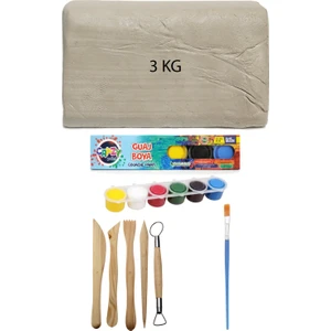 Beyaz Seramik Hamuru 3 kg Kil Ebeşuar Seti 6X15 ml Guaj Boya Seti Düz Fırça Seramik Kili Oyun Hamuru