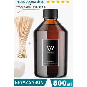 Beyaz Sabun 500  ml Oda Kokusu Yedek Dolum Şişesi Koku Giderici Çubuklu Oda Kokusu + 25 Adet Çubuk