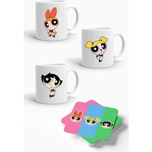 Baskı Tech Powerpuff Girls Baskılı 3'lü Porselen Kupa ve 3'lü Bardak Altlığı Seti