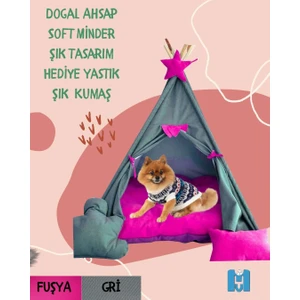 Mavi Vitrin Küçük Irk Köpek ve Kedi Çadırı Yıkanabilir Soft Yırtılmaz Kumaş Doğal Ahşap