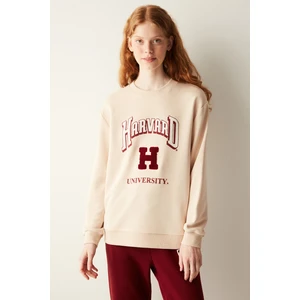 Taş Rengi Harvard Slogan Baskılı Sweatshirt