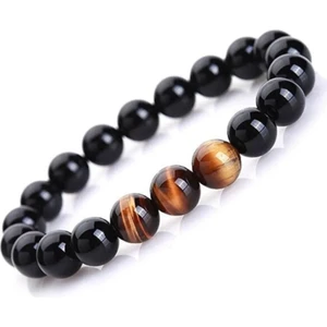 Online Kordon Siyah Parlak 8mm Onyx Bileklik Üç Adet Kahve Kaplan Gözü Taşlı Erkek Bilekliği