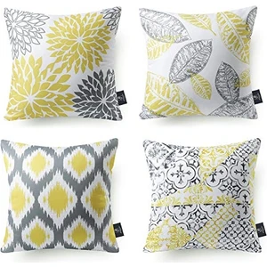 4'lü Set Yeni Yaşam Serisi Sarı ve Gri Dekoratif Kırlent Kılıfı Minder Örtüsü 18 x 18 Inç 45 x 45 cm (Yurt Dışından)