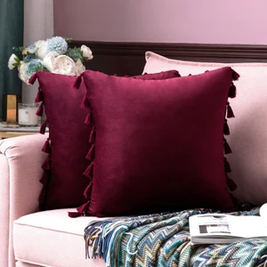 2'li Paket Kadife Yumuşak Katı Dekoratif Kırlent Örtüsü Püsküllü Saçak Boho Vurgulu Yastık Kılıfı Kanepe Çekyat (20 x 20 Inç, Bordo) (Yurt Dışından)