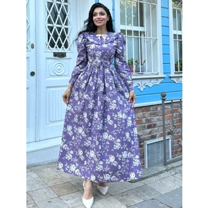 Küçüğüm Butik Tesettür Seyyar Yakalı Mor Güllü Belden Büzgülü Poplin Elbise