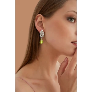 Furtek Aksesuar Kadın Sarı Clara Yaprak Elmas Kristal Taşlı Model Gümüş Sallantılı Günlük Abiye Elbise Balo Küpe