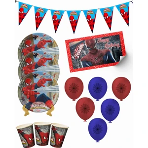 Spiderman Örümcek Adam Bayraklı ve Afişli 8 Kişilik Doğum Günü Parti Malzemeleri Süsleri Seti