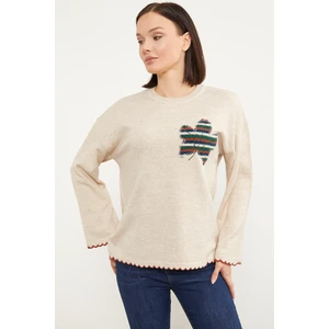 Yaprak Motifli Bohem Triko Kazak - Taş