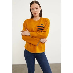 Yaprak Motifli Bohem Triko Kazak - Güneş