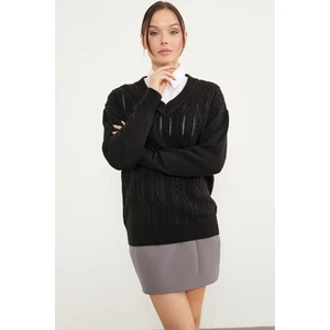 V Yaka Motifli Triko Kazak - Siyah