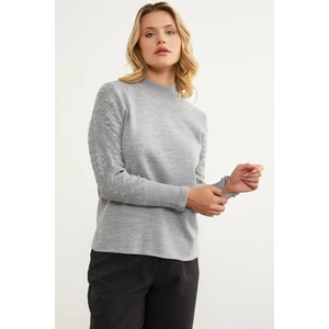 Kolları Motifli Yarım Balıkçı Triko Kazak - Gri