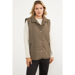 Çıt Çıtlı Fermuar Cepli Kapitone Yelek - Haki