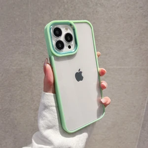 iPhone 15 Pro Max Kılıf Metal Tuş ve Kamera Çerçeveli Arkası Sararmaz Şeffaf Kenarları Renkli