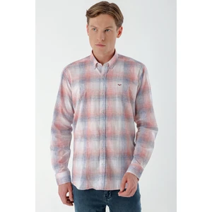 Erkek Kırmızı Keten Kareli Regular Fit Gömlek