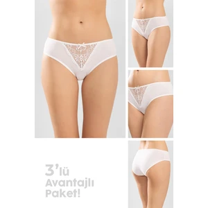 Kadın Beyaz Önü Dantel Detalı Pamuklu Klasik Kadın Külot 3'lü Paket 8251 Beyaz