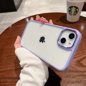 iPhone 15 Plus Uyumlu Kılıf Metal Tuş ve Kamera Çerçeveli Arkası Sararmaz Şeffaf Kenarları Renkli