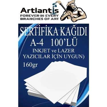 Artlantis A4 Sertifika Kağıdı Kalın 100 Adet Gramajlı Fotokopi Kağıdı 160 gr Tüm Yazıcılara Uyumlu