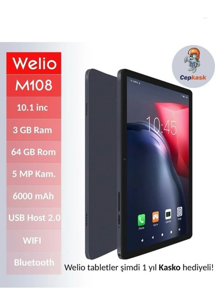 Welıo Tab M108 64GB 10.1 Inc 3 GB Ram 64 IPS Ekran Hafıza Kart Destekli Tablet