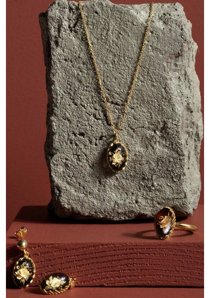 Damla Kehribar Içine Gül Desenli Minimal Gümüş Takı Seti Altın Rengi - 11