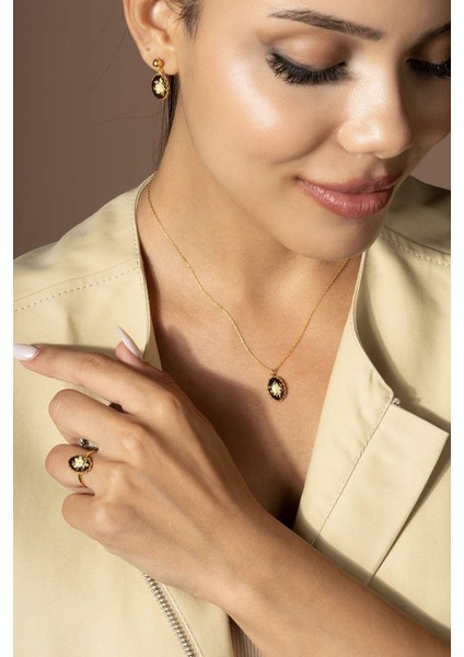 Damla Kehribar Içine Gül Desenli Minimal Gümüş Takı Seti Altın Rengi - 11 fiyatları