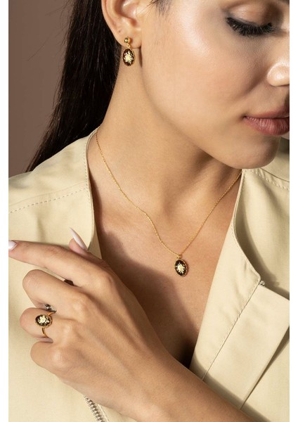 Damla Kehribar Içine Gül Desenli Minimal Gümüş Takı Seti Altın Rengi - 11 modelleri