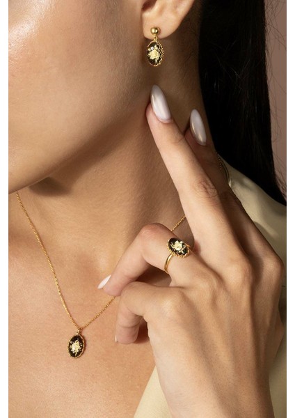Damla Kehribar Içine Gül Desenli Minimal Gümüş Takı Seti Altın Rengi - 11 fırsatları