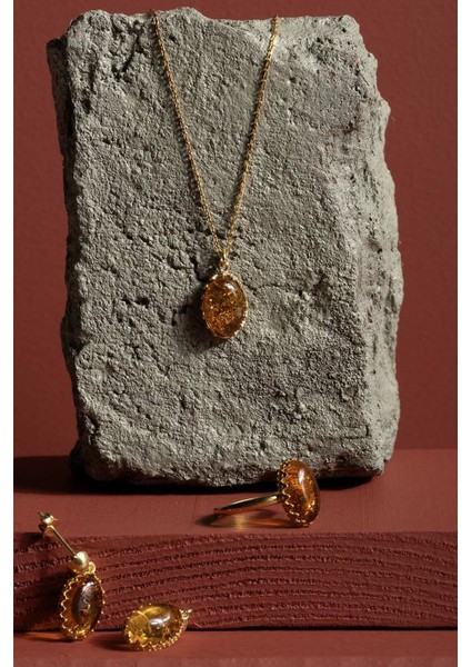 Damla Kehribar Taşlı Minimal Gümüş Takı Seti Altın Rengi - 11