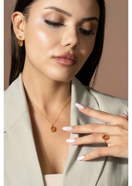 Damla Kehribar Taşlı Minimal Gümüş Takı Seti Altın Rengi - 11 fiyatları