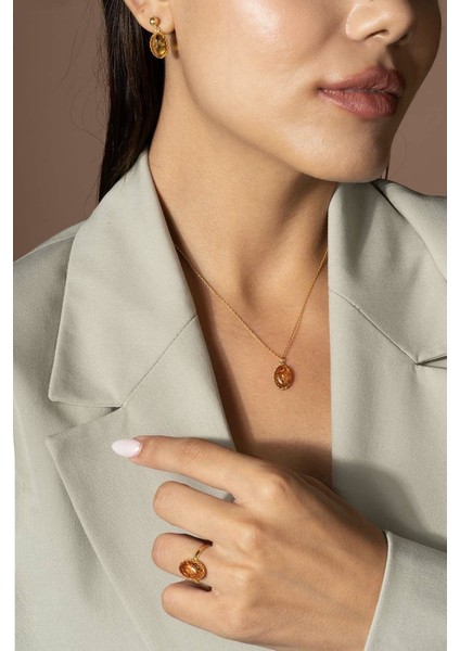 Damla Kehribar Taşlı Minimal Gümüş Takı Seti Altın Rengi - 11 modelleri