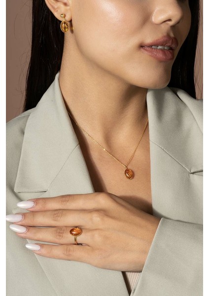 Damla Kehribar Taşlı Minimal Gümüş Takı Seti Altın Rengi - 11 fırsatları