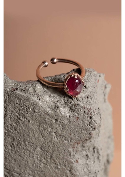Doğal Yakut Taşlı Minimal Gümüş Ayarlanabilir Kadın Yüzük Rose Rengi - 20