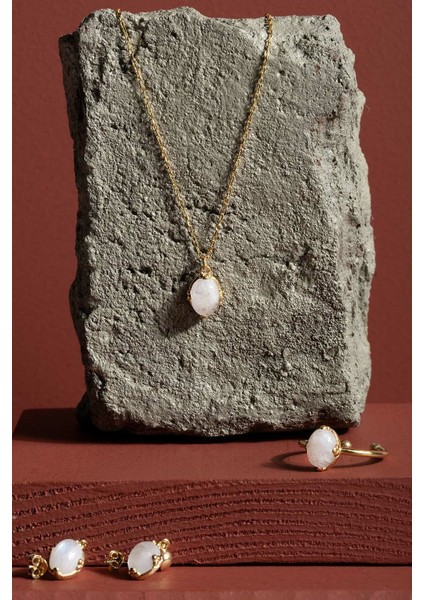 Doğal Ay Taşı Taşlı Minimal Gümüş Kadın Takı Seti Altın Rengi - 10