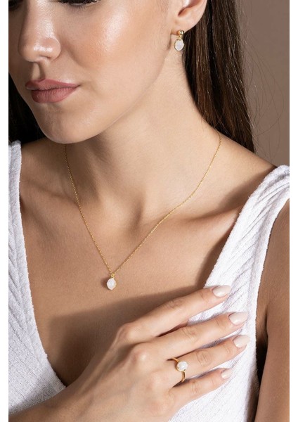 Doğal Ay Taşı Taşlı Minimal Gümüş Kadın Takı Seti Altın Rengi - 10 modelleri