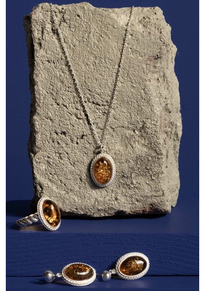 Damla Kehribar Taşlı Minimal Gümüş Takı Seti Gümüş Rengi - 8