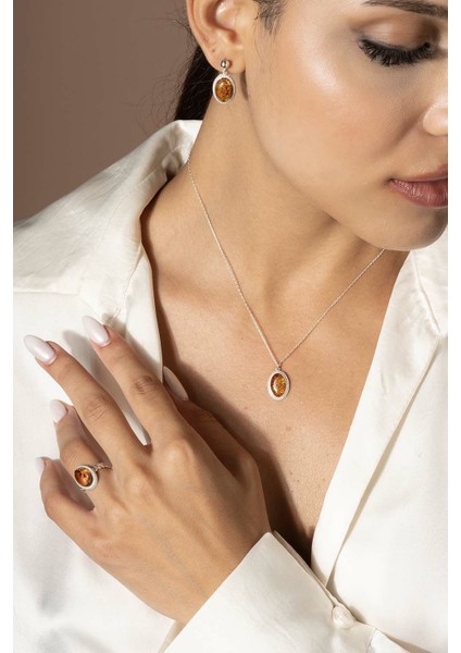 Damla Kehribar Taşlı Minimal Gümüş Takı Seti Gümüş Rengi - 8 fiyatları