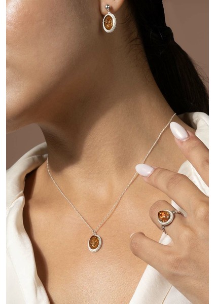 Damla Kehribar Taşlı Minimal Gümüş Takı Seti Gümüş Rengi - 8 fırsatları