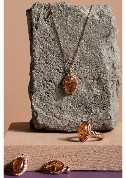 Damla Kehribar Taşlı Minimal Gümüş Takı Seti Rose Rengi - 13