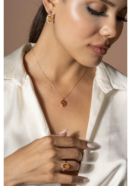 Damla Kehribar Taşlı Minimal Gümüş Takı Seti Rose Rengi - 13 fiyatları