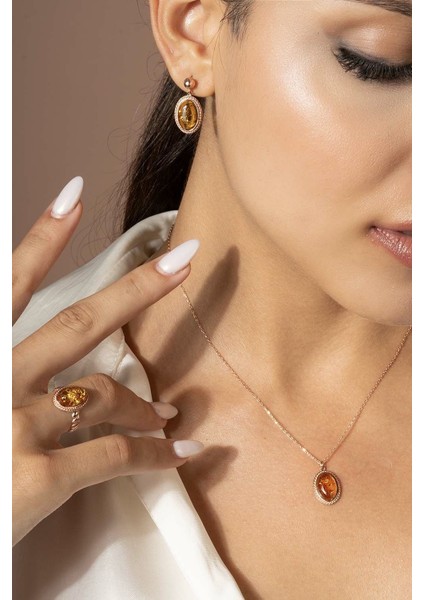 Damla Kehribar Taşlı Minimal Gümüş Takı Seti Rose Rengi - 13 modelleri