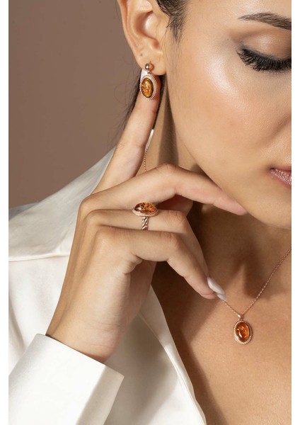 Damla Kehribar Taşlı Minimal Gümüş Takı Seti Rose Rengi - 13 fırsatları