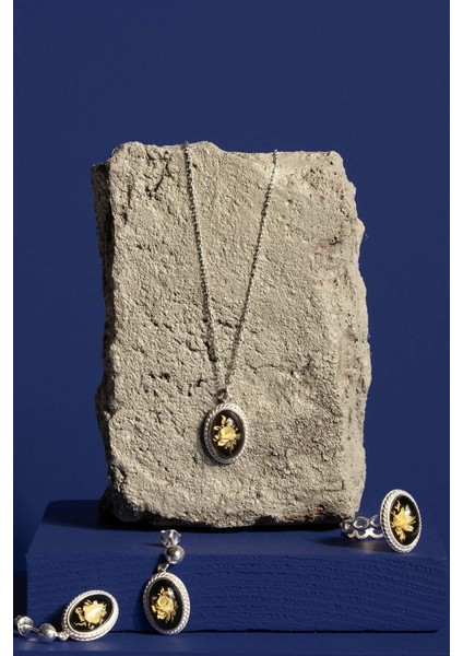 Damla Kehribar Içine Gül Desenli Minimal Gümüş Takı Seti Gümüş Rengi - 18