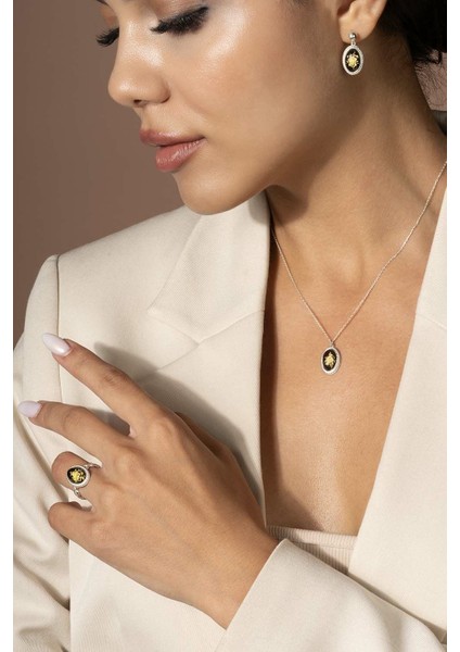 Damla Kehribar Içine Gül Desenli Minimal Gümüş Takı Seti Gümüş Rengi - 18 fiyatları