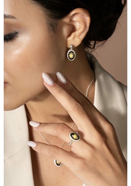 Damla Kehribar Içine Gül Desenli Minimal Gümüş Takı Seti Gümüş Rengi - 18 modelleri