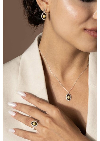 Damla Kehribar Içine Gül Desenli Minimal Gümüş Takı Seti Gümüş Rengi - 18 fırsatları